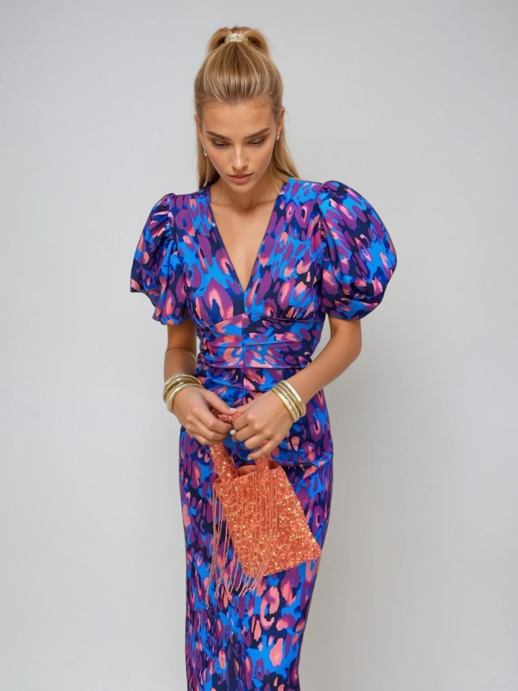 Lotte | Gekleurde Midi-jurk met Geplooide Mouwen voor Dames