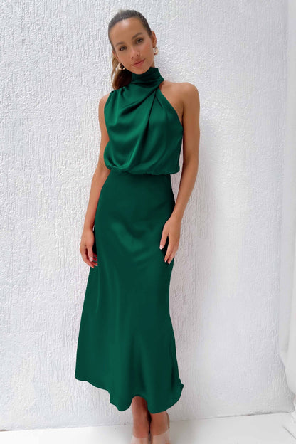 Carlina™ | Satijnen maxi-jurk met halterhals