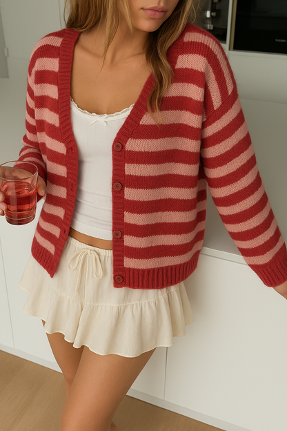 GESTREEPTE KLEUR CARDIGAN KERSEN