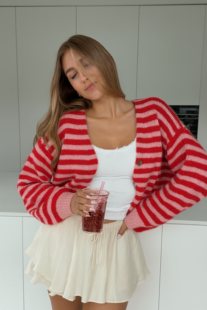 GESTREEPTE KLEUR CARDIGAN KERSEN
