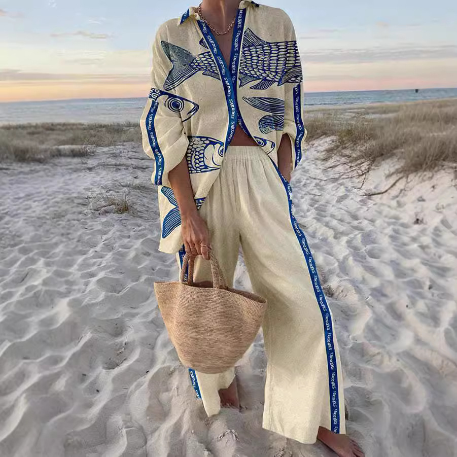 Paqui | Linnen set met blauwe visprint
