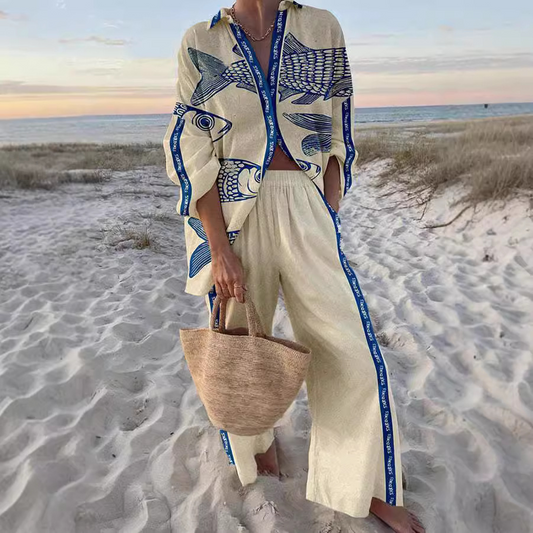 Paqui | Linnen set met blauwe visprint