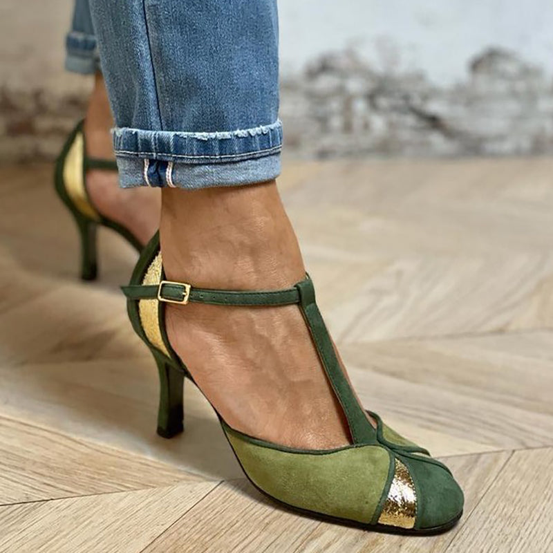 Alona | Patchwork pumps met T-bandje en gesloten neus