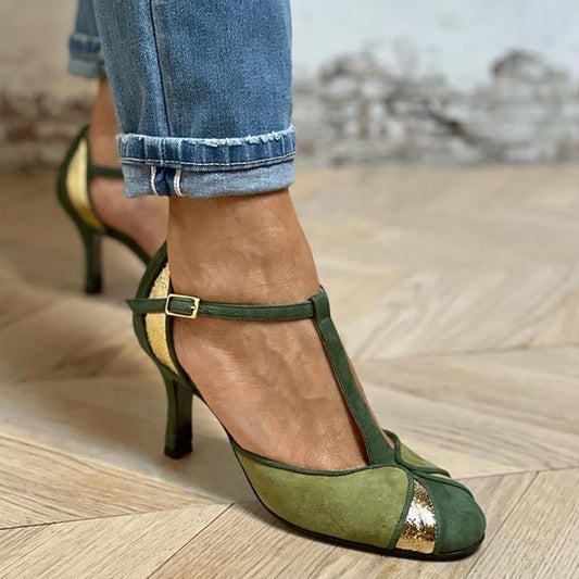 Alona | Patchwork pumps met T-bandje en gesloten neus