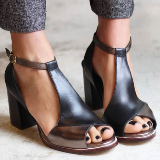Saar | Zwarte patchwork sandalen met hak en open teen