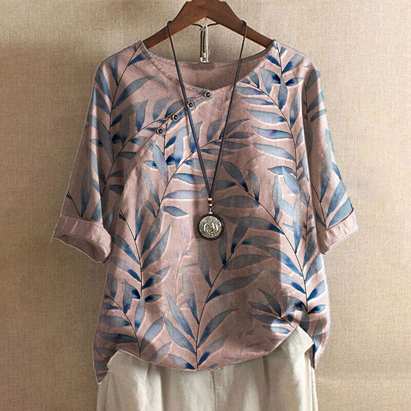 Claudine – Blouse met bladprint en knoopdetail