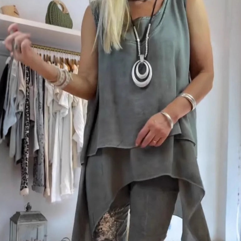 Tweedelige damesset™ | mouwloos topje en bedrukte broek